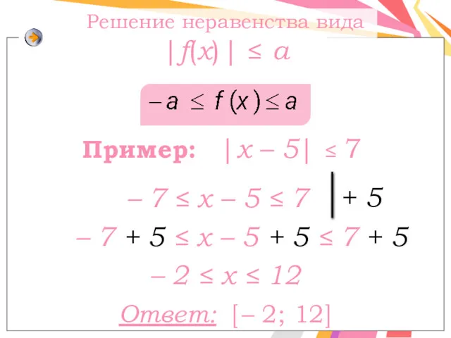Пример: |x – 5| ≤ 7 – 7 ≤ x – 5 ≤