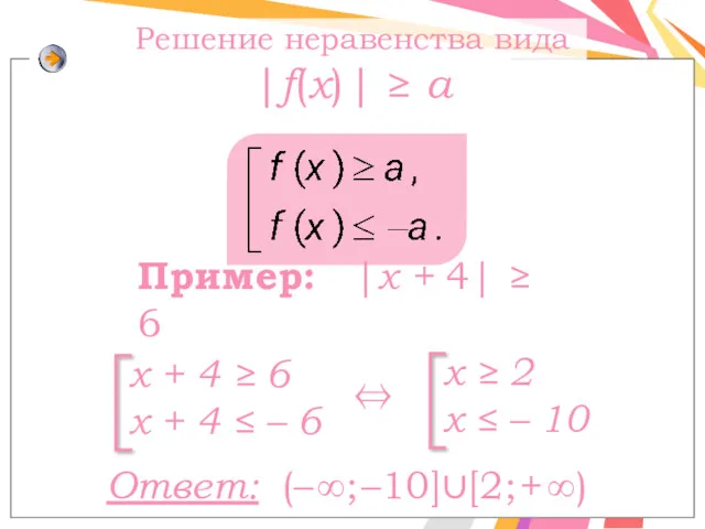 Пример: |x + 4| ≥ 6 ⇔ Ответ: (– ∞; –10]∪[2; + ∞)