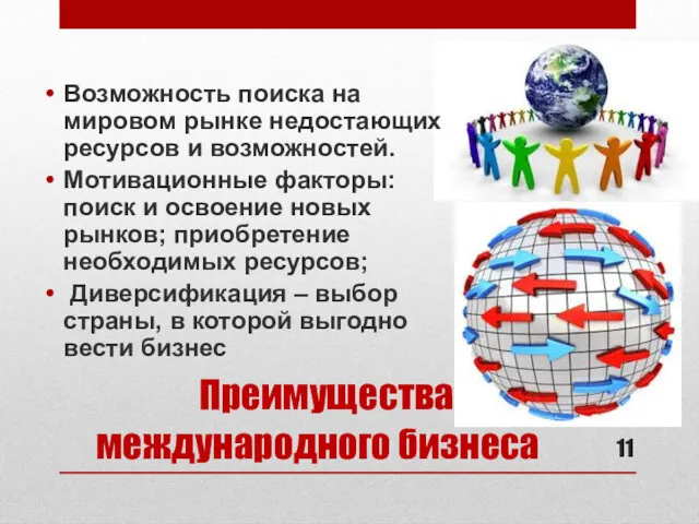 Преимущества международного бизнеса Возможность поиска на мировом рынке недостающих ресурсов