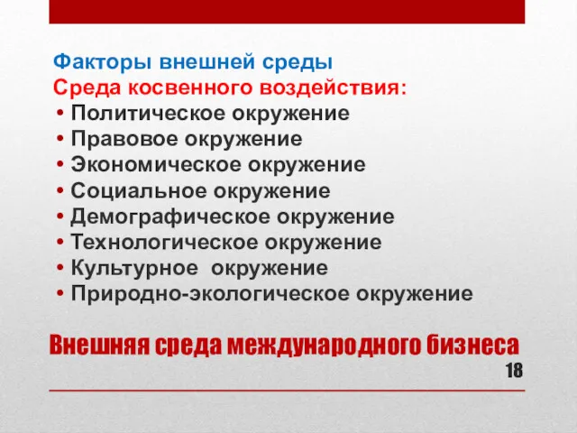 Внешняя среда международного бизнеса Факторы внешней среды Среда косвенного воздействия: