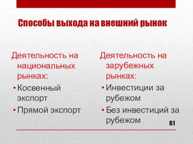 Способы выхода на внешний рынок Деятельность на национальных рынках: Косвенный