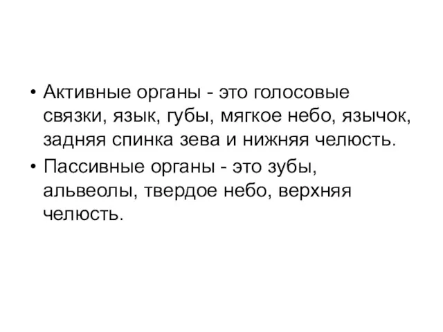 Активные органы - это голосовые связки, язык, губы, мягкое небо, язычок, задняя спинка