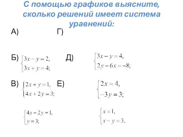 С помощью графиков выясните, сколько решений имеет система уравнений: А) Г) Б) Д) В) Е)