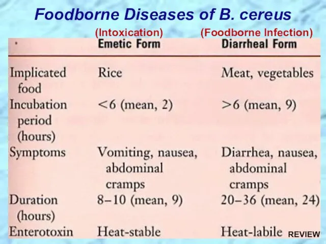 Foodborne Diseases of B. cereus (Intoxication) (Foodborne Infection) REVIEW