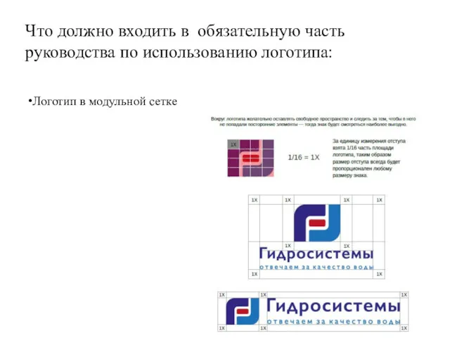 Что должно входить в обязательную часть руководства по использованию логотипа: Логотип в модульной сетке