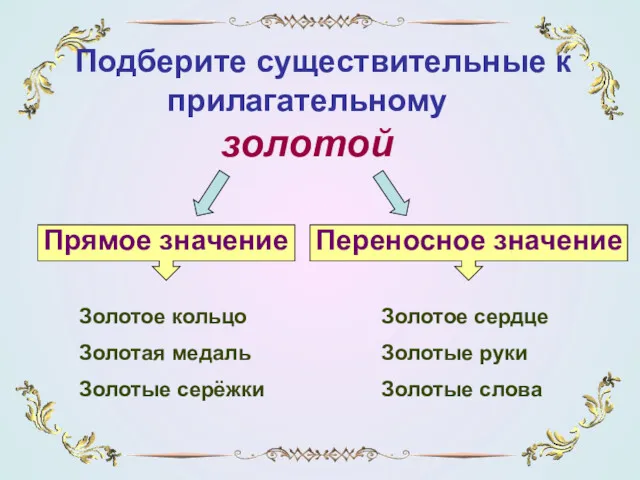 Подберите существительные к прилагательному золотой Золотое сердце Золотые руки Золотые