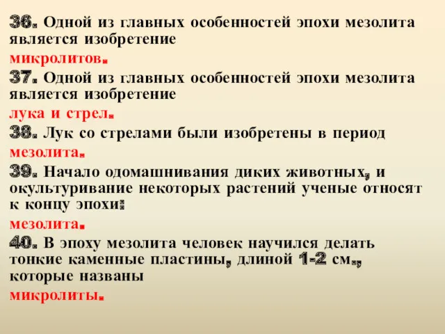 36. Одной из главных особенностей эпохи мезолита является изобретение микролитов.