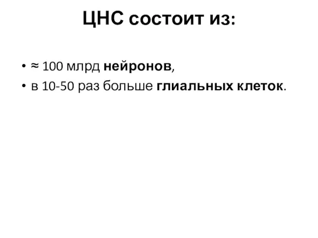 ЦНС состоит из: ≈ 100 млрд нейронов, в 10-50 раз больше глиальных клеток.