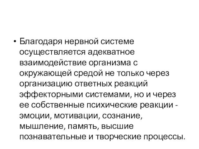 Благодаря нервной системе осуществляется адекватное взаимодействие организма с окружающей средой