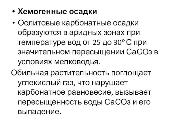 Хемогенные осадки Оолитовые карбонатные осадки образуются в аридных зонах при