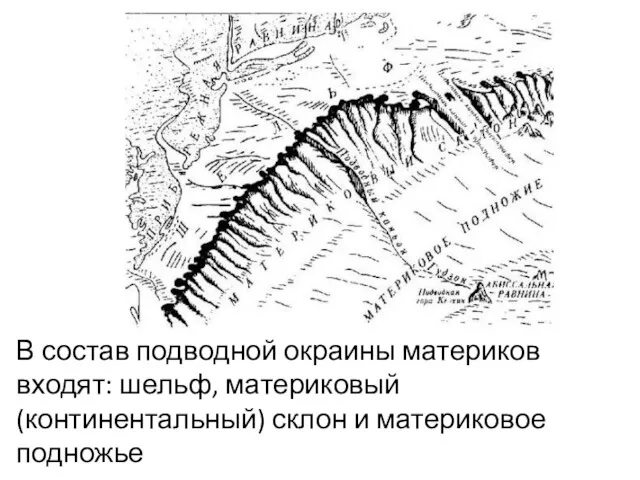 В состав подводной окраины материков входят: шельф, материковый (континентальный) склон и материковое подножье