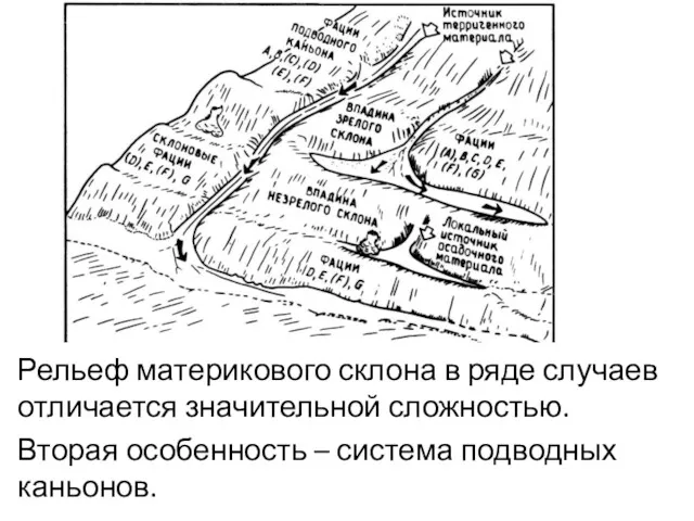 Рельеф материкового склона в ряде случаев отличается значительной сложностью. Вторая особенность – система подводных каньонов.