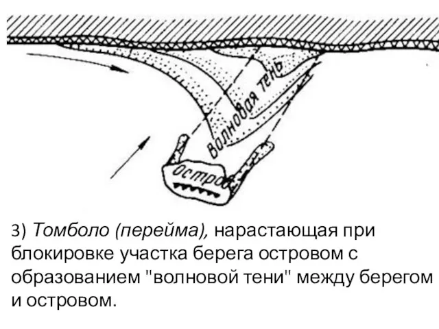 3) Томболо (перейма), нарастающая при блокировке участка берега островом с