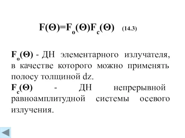 F(Θ)=Fo(Θ)Fc(Θ) (14.3) Fo(Θ) - ДН элементарного излучателя, в качестве которого