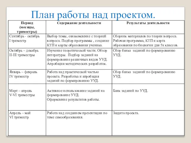 План работы над проектом.