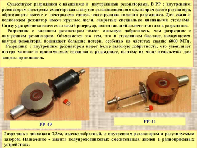 РР-49 РР-11 Существуют разрядники с внешними и внутренними резонаторами. В