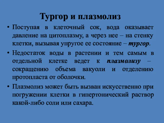 Тургор и плазмолиз Поступая в клеточный сок, вода оказывает давление