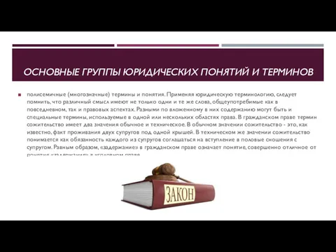 ОСНОВНЫЕ ГРУППЫ ЮРИДИЧЕСКИХ ПОНЯТИЙ И ТЕРМИНОВ полисемичные (многозначные) термины и