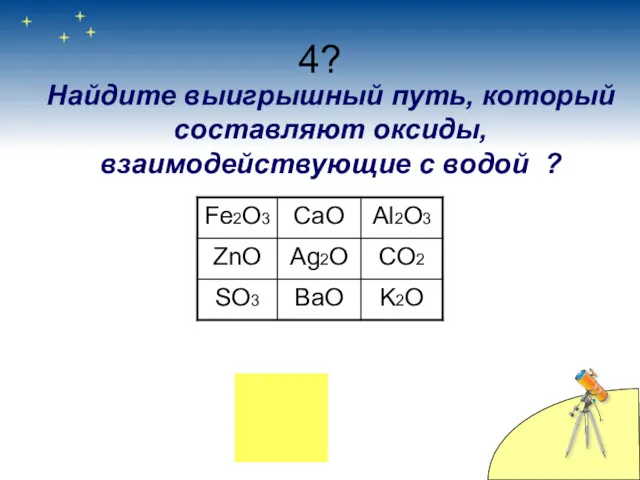 4? Найдите выигрышный путь, который составляют оксиды, взаимодействующие с водой ?