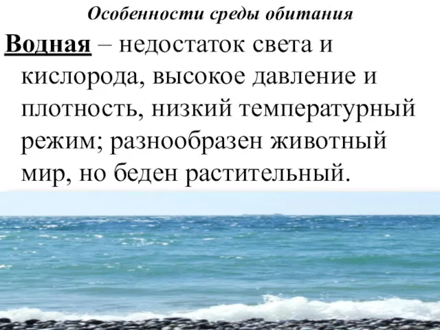 Особенности среды обитания Водная – недостаток света и кислорода, высокое