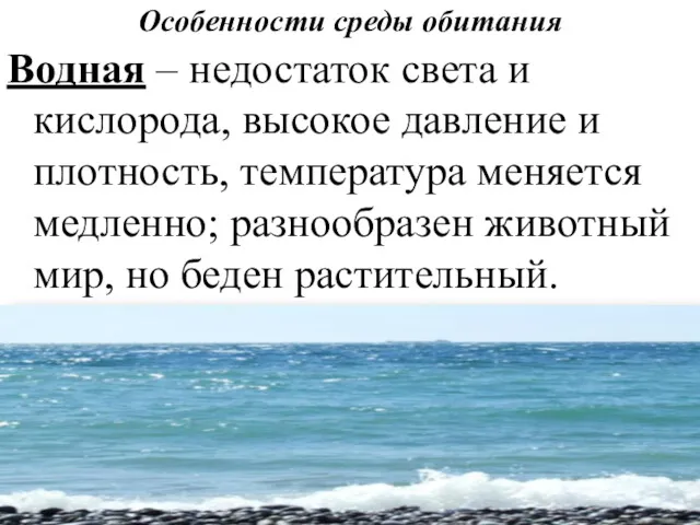 Особенности среды обитания Водная – недостаток света и кислорода, высокое