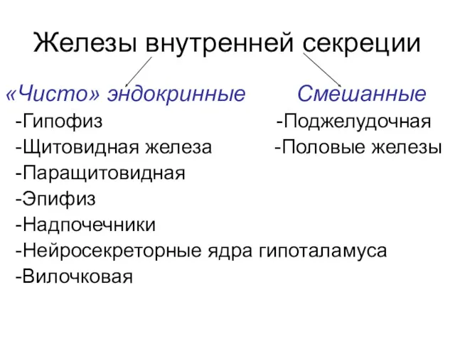 Железы внутренней секреции «Чисто» эндокринные Смешанные -Гипофиз -Поджелудочная -Щитовидная железа