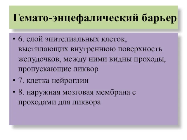 Гемато-энцефалический барьер 6. слой эпителиальных клеток, выстилающих внутреннюю поверхность желудочков,