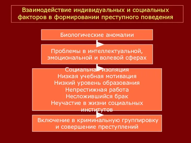 Взаимодействие индивидуальных и социальных факторов в формировании преступного поведения Биологические