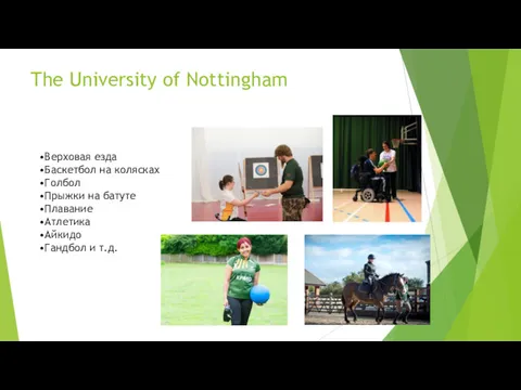The University of Nottingham •Верховая езда •Баскетбол на колясках •Голбол