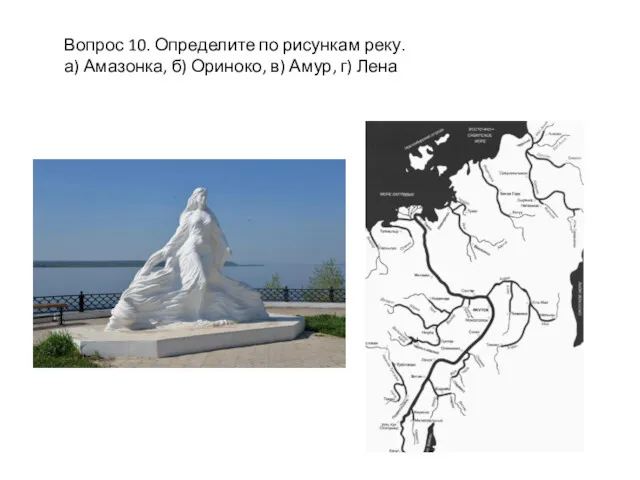 Вопрос 10. Определите по рисункам реку. а) Амазонка, б) Ориноко, в) Амур, г) Лена