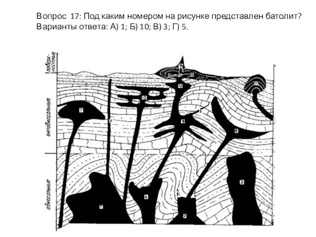 Вопрос 17: Под каким номером на рисунке представлен батолит? Варианты