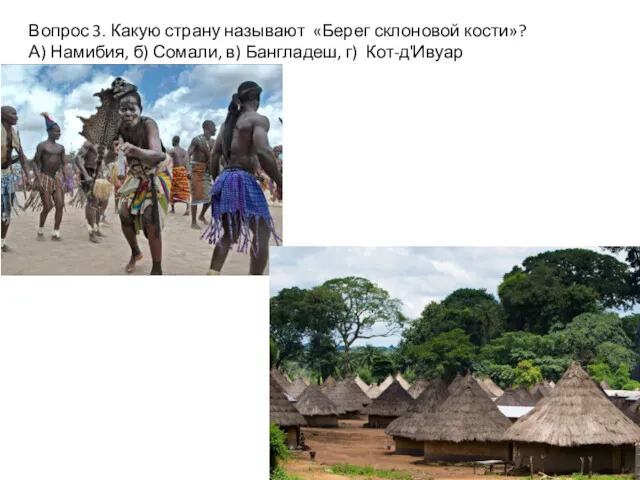 Вопрос 3. Какую страну называют «Берег склоновой кости»? А) Намибия, б) Сомали, в) Бангладеш, г) Кот-дʹИвуар