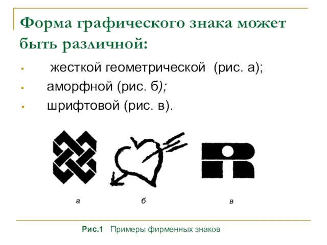 Форма графического знака может быть различной: жесткой геометрической (рис. а);