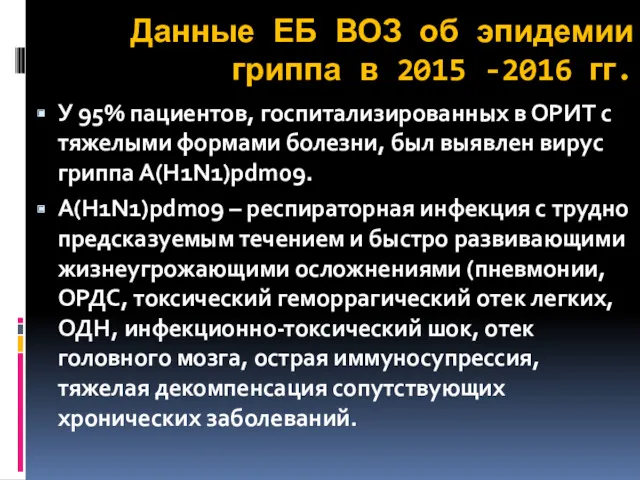 Данные ЕБ ВОЗ об эпидемии гриппа в 2015 -2016 гг.