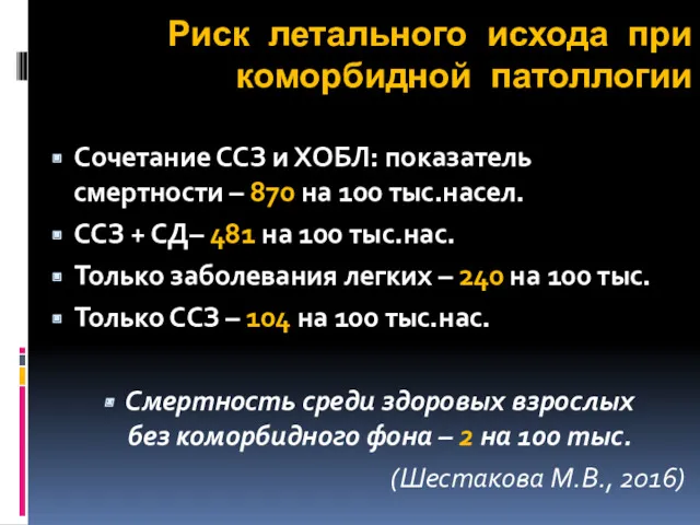 Риск летального исхода при коморбидной патоллогии Сочетание ССЗ и ХОБЛ: