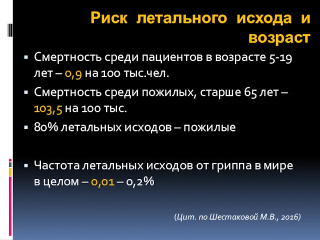 Риск летального исхода и возраст Смертность среди пациентов в возрасте