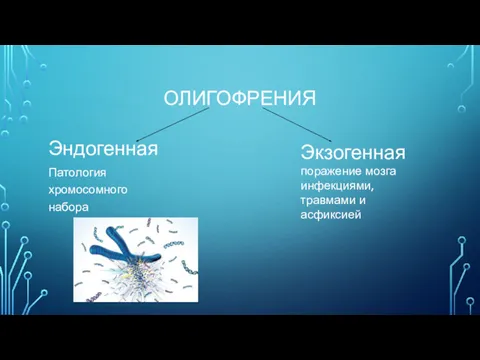 ОЛИГОФРЕНИЯ Эндогенная Патология хромосомного набора Экзогенная пора­жение мозга инфекциями, травмами и асфиксией