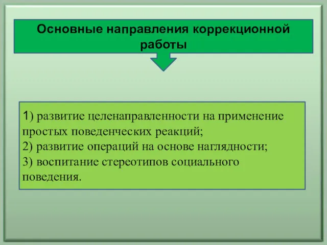 Основные направления коррекционной работы 1) развитие целенаправленности на применение простых