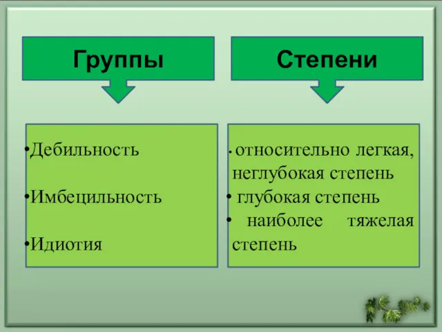 Группы Степени Дебильность Имбецильность Идиотия относительно легкая, неглубокая степень глубокая степень наиболее тяжелая степень