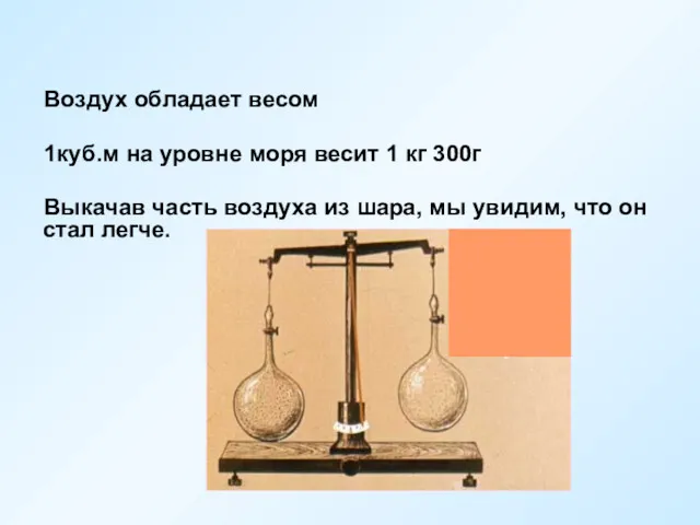 Воздух обладает весом 1куб.м на уровне моря весит 1 кг