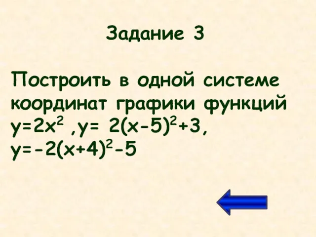 Задание 3 Построить в одной системе координат графики функций у=2х2 ,у= 2(х-5)2+3, у=-2(х+4)2-5