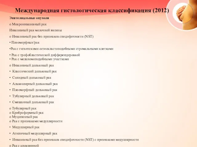 Международная гистологическая классификация (2012) Эпителиальные опухоли o Микроинвазивный рак Инвазивный рак молочной железы