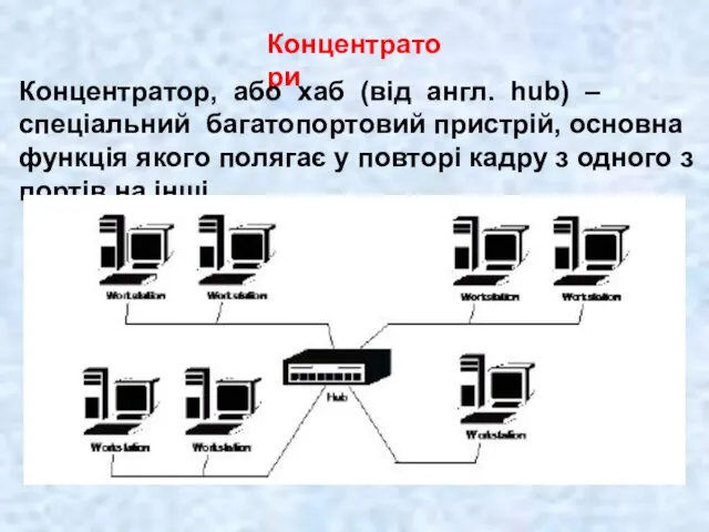 Концентратори Концентратор, або хаб (від англ. hub) – спеціальний багатопортовий