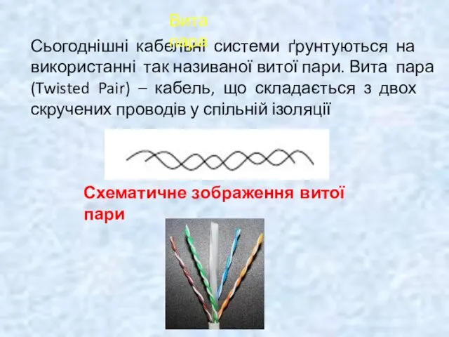 Сьогоднішні кабельні системи ґрунтуються на використанні так називаної витої пари.