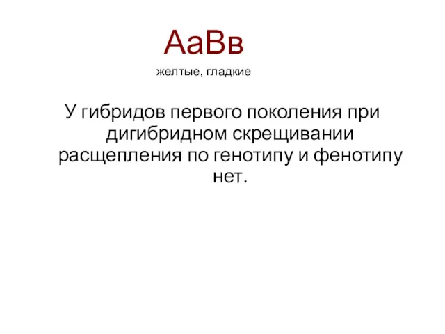 У гибридов первого поколения при дигибридном скрещивании расщепления по генотипу и фенотипу нет. АаВв желтые, гладкие