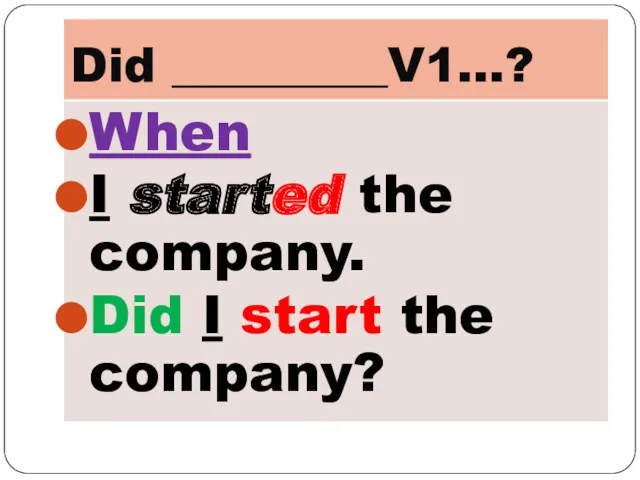 Did _________V1…? When I started the company. Did I start the company?