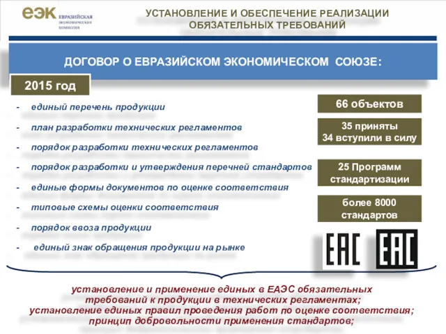 установление и применение единых в ЕАЭС обязательных требований к продукции