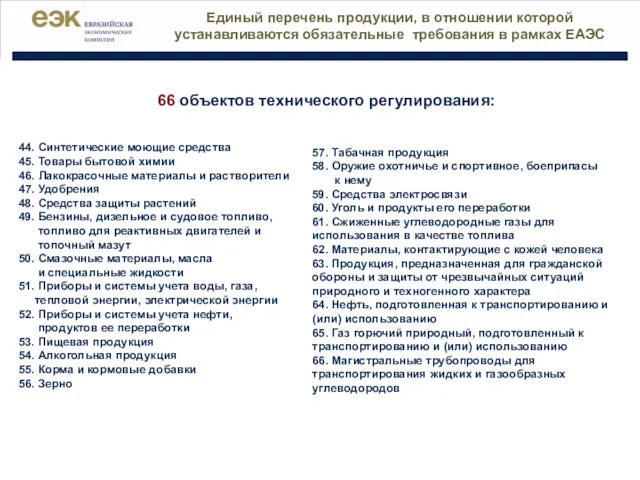 66 объектов технического регулирования: 44. Синтетические моющие средства 45. Товары