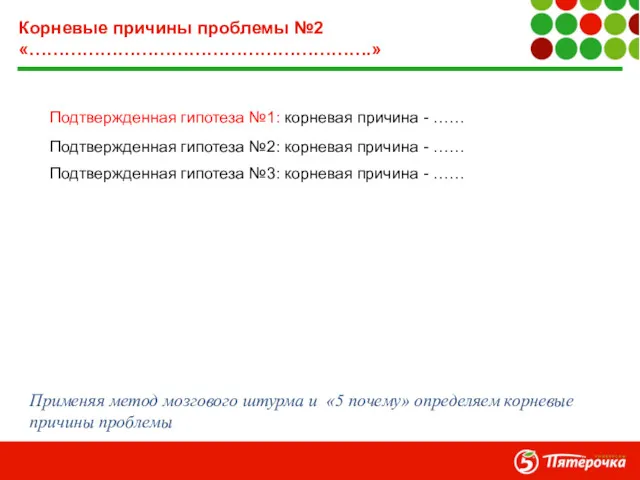 Корневые причины проблемы №2 «………………………………………………….» Применяя метод мозгового штурма и