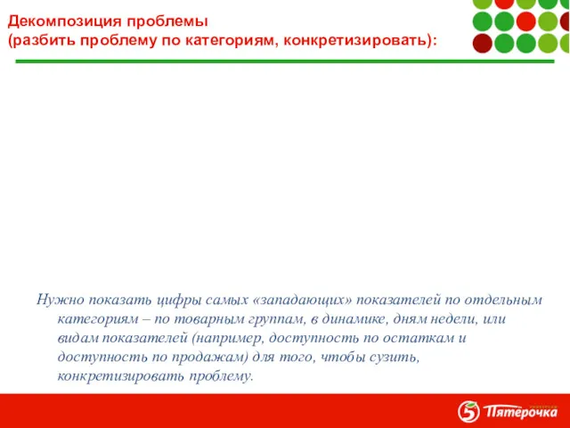 Декомпозиция проблемы (разбить проблему по категориям, конкретизировать): Нужно показать цифры